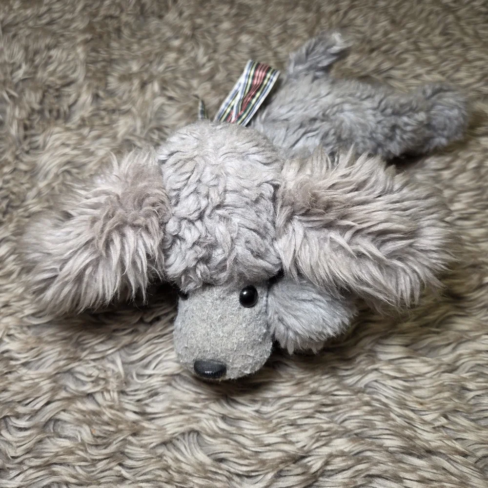 Graphics International 1983 Laying Plush Gray Poodle Dog‎ Stuffed Animal Ribbon